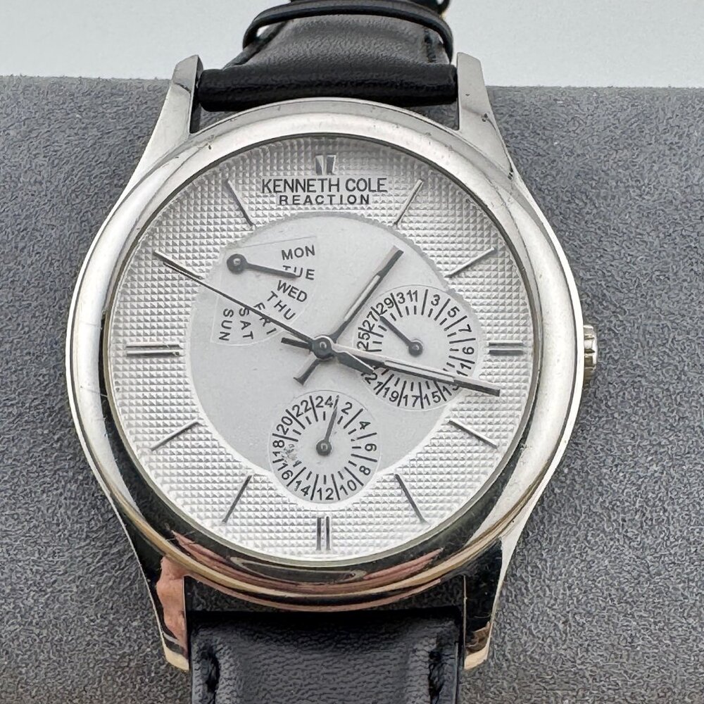 Kenneth Cole Silver Tone Black Leather Quartz Watch